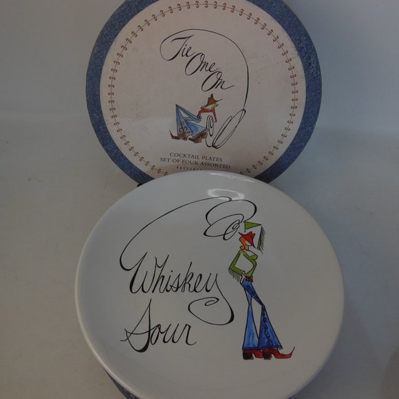 Pottery Barn Cocktail Plates  2 boxed sets= 8,  TIE ONE ON cowboy recipe plates - Picture 6 of 11